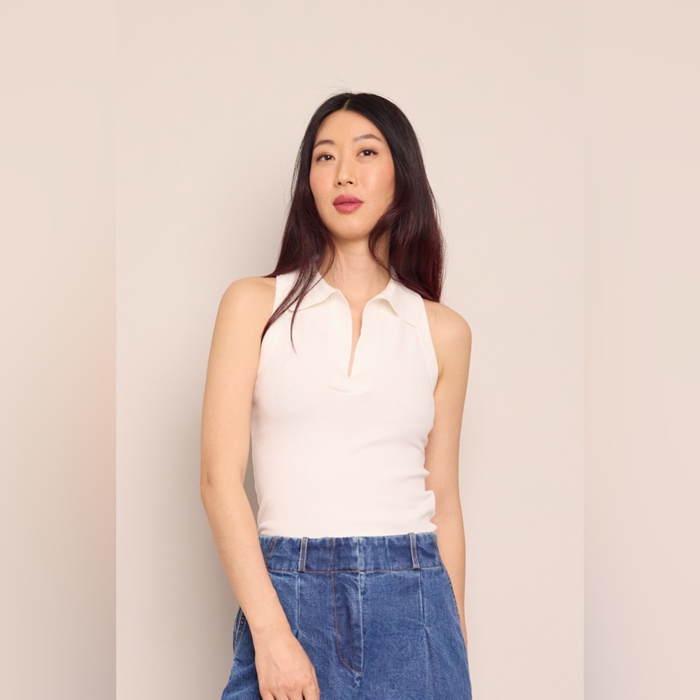 Cara Cara Braylee Collared Sleeveless Polo Tank Top, Ivory, Racerback, Piqué